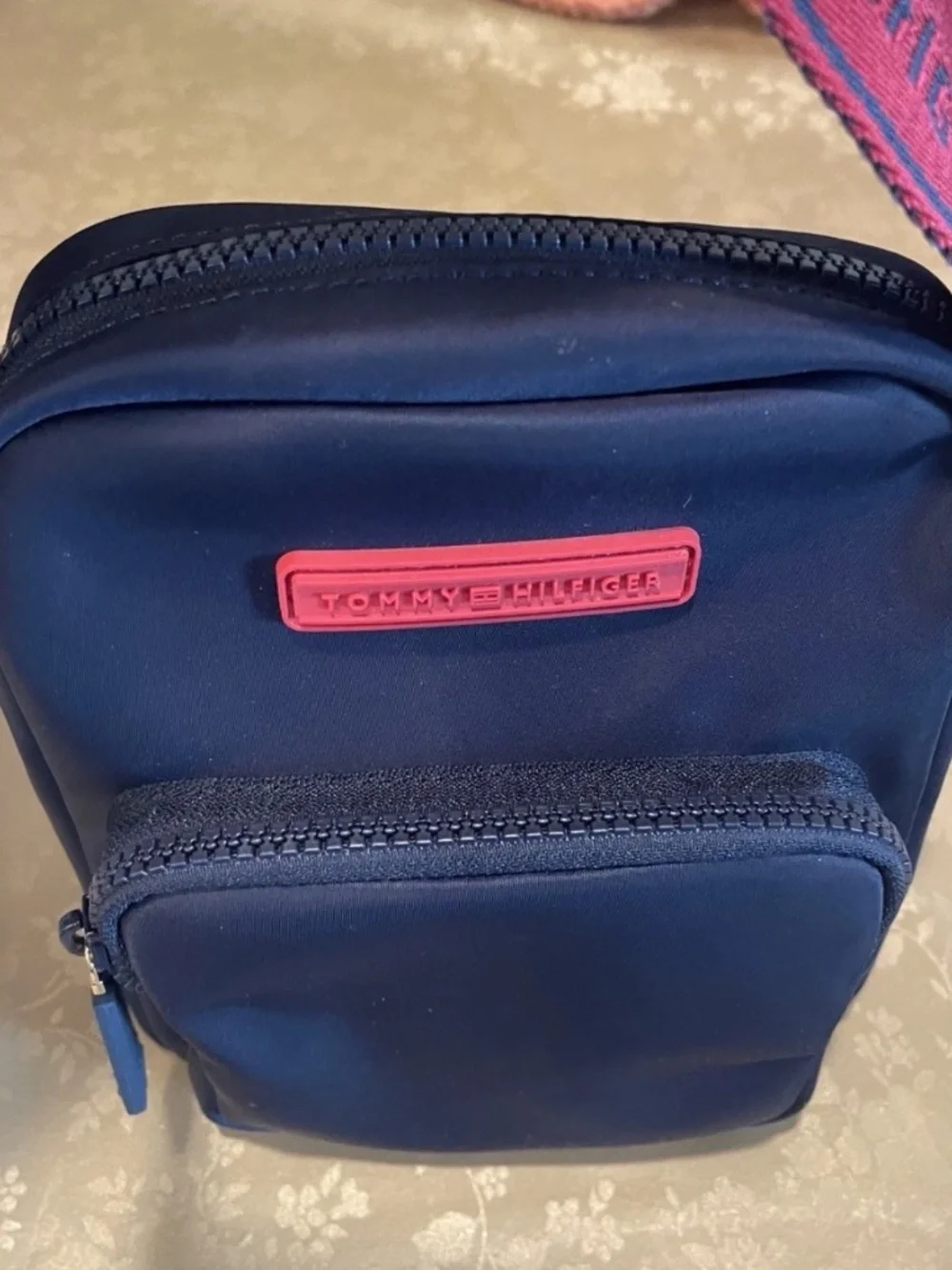 Tommy Hilfiger Men's Navy Nylon Crossbody Bag RedLogo Strap Zip Pocket
